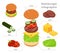 Hamburger ingredients flat isometric style vector infographics