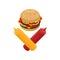 Hamburger and ketchup and mustard. Symbol harm is danger of fast