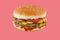 hamburger like in McDonald\\\'s with a beef cutlet on a red background, studio shooting 1