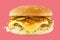 hamburger like in McDonald\\\'s with a beef cutlet on a red background, studio shooting 1