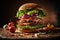Hamburger with lots of cheese, vegetables, explosion of flavors, smoked on the barbecue,