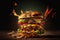 Hamburger with lots of cheese, vegetables, explosion of flavors, smoked on the barbecue,