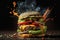 Hamburger with lots of cheese, vegetables, explosion of flavors, smoked on the barbecue,