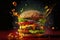 Hamburger with lots of cheese, vegetables, explosion of flavors, smoked on the barbecue,