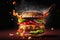 Hamburger with lots of cheese, vegetables, explosion of flavors, smoked on the barbecue,