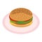hamburger on a plate with cheese, tomato, salad, burgers, buns and sesame icon. flat. american fast food.