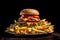 Hamburger on a plate overloaded with French Fries