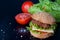 Hamburger with salad, tomato, meat on white backdrop