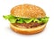 Hamburger, sandwich, burger with green salad, meat patties and buns with sesame seeds on a white background