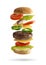 Hamburger sandwich flying, isolated from the white background