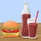 Hamburger, soft drink in a bottle and glass. Fast food.
