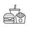 Hamburger, Soft drink cup and French fries, Fast food icon sign, Outline flat design on white background, Vector illustration.