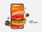 Hamburger stuffed with roast beef,cheese,tomatoes and green lettuce displayed on smartphone screen