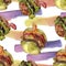 Hamburger in a watercolor style. Watercolour fast food illustration element. Seamless background pattern.