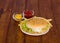 Hamburger on wooden background with mustard and
