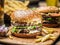 Hamburgers and French fries on the wooden tray