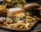 Hamburgers and French fries on the wooden tray