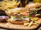 Hamburgers and French fries on the wooden tray