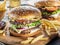 Hamburgers and French fries on the wooden tray