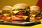 Hamburgers on smartphone on yellow background. AI generated