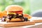 Hamburgers which consists of fresh vegetables, meat, bread  placed on a wooden tray