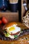 Hamburgerurger with an egg, cheese and aioli. Homemade hamburger. Close up