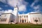 Hamilton, Bermuda- February 11, 2020 : Bermuda City Hall and Arts Center with clouds streaking across a deep blue sky.