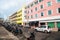 Hamilton, Bermuda - March 20, 2016: street road with architecture building in city downtow