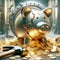 Hammer Broken Piggy Bank Saving Money Banking Global Currency Gold Coins Debt Bubble AI Generated