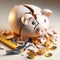 Hammer Broken Piggy Bank Saving Money Banking Global Currency Gold Coins Debt Bubble AI Generated