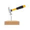 Hammer with drives a nail into a wooden board. Vector illustration on white background.