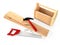 Hammer, hacksaw, toolbox, wooden planks and nails on white