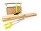 Hammer, hacksaw, toolbox, wooden planks and nails on white