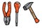 Hammer, pliers, and screwdriver, set of hand tools in cartoon style