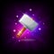 Hammer with sparkles graphic user interface icon, dark background. Fantasy weapon mobile app or pc game pictogram