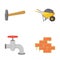 Hammer, wheelbarrow with cargo, water faucet, brickwork. Build and repair set collection icons in cartoon style vector