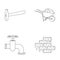 Hammer, wheelbarrow with cargo, water faucet, brickwork. Build and repair set collection icons in outline style vector