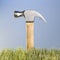 Hammer with wooden handle placed behind grass.