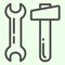 Hammer and wrench line icon. Two building tools spanner and knocker outline style pictogram on white background. House