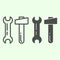 Hammer and wrench line and solid icon. Two building tools spanner and knocker outline style pictogram on white