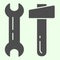 Hammer and wrench solid icon. Two building tools spanner and knocker glyph style pictogram on white background. House