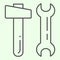 Hammer and wrench thin line icon. Two building tools spanner and knocker outline style pictogram on white background