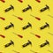 Hammers and screwdrivers on a yellow background, pattern, hard shadows. Construction tools, repairs. Background for the design