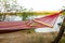 Hammock on the background of the river. Camping in the wild. A weekend away from civilization. Tourism in Kazakhstan