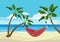 Hammock beach. Tropical background rest place between palm trees outdoor exotic sunset vector cartoon