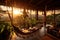 Hammock hanging from porch ceiling, swaying in the breeze at sunset