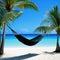 hammock hanging between two palm trees on tropical beach with clear blue water