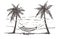 Hammock between palm trees on the sea beach. Samui hand drawn sketch illustration