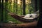 a hammock with a pillow and blanket in a peaceful forest