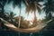 A hammock suspended between two palm trees realistic tropical background